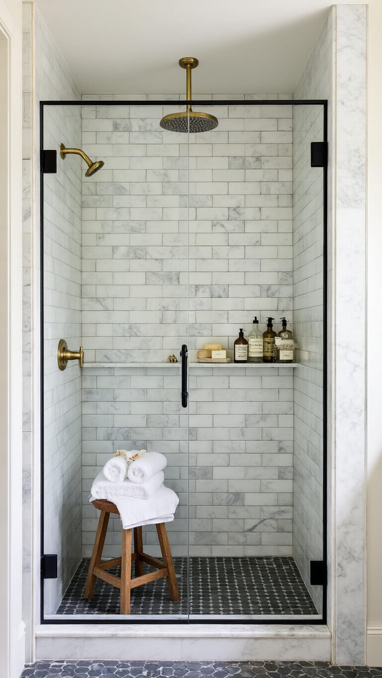 Luxurious marble-tiled master shower with black-framed glass, brass hardware, and artisanal accents in morning light.