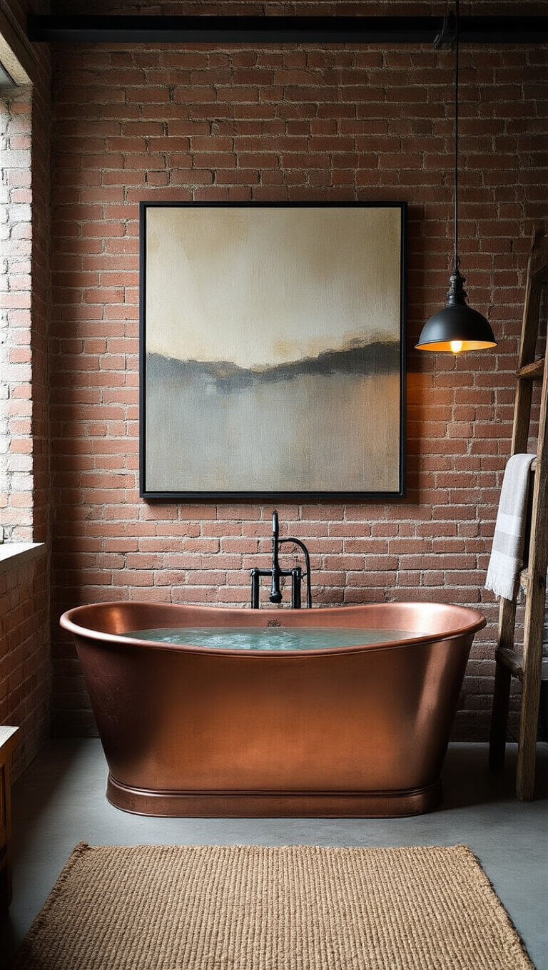Freestanding copper tub against exposed brick wall with matte black tub filler, abstract art, vintage ladder towel rack, industrial pendant lighting, and jute rug on concrete floor.