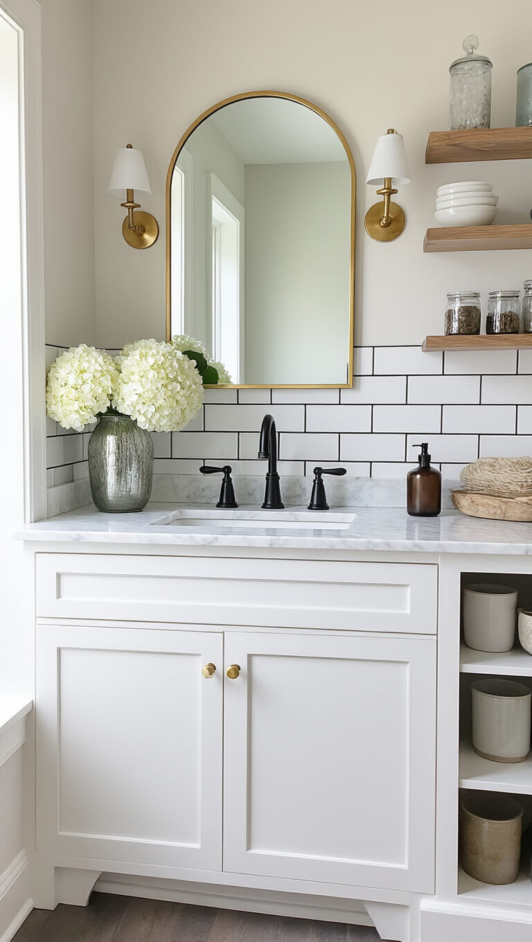 Modern-vintage corner vanity with white marble-top cabinet, brass hardware, matte black faucet, arched brass mirror, open shelves with ceramics and vintage glass, hydrangeas in mercury vase, and subway tile backsplash.