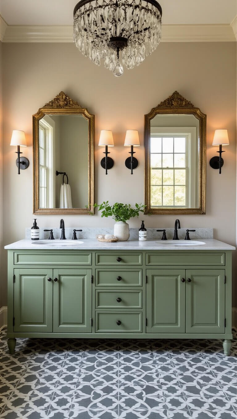 Luxurious master bath at sunset with sage green double vanity, marble top, brass mirrors, black sconces, patterned tile floor, and crystal chandelier.