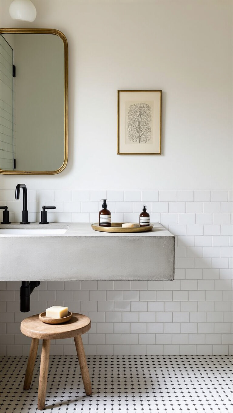 Minimalist modern-vintage bathroom with floating concrete vanity, vintage brass mirror, matte black fixtures, and white penny tile backdrop.