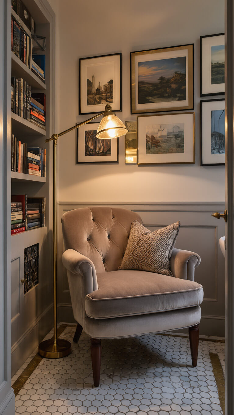 Cozy bathroom reading nook at dusk with Victorian chair in velvet, brass floor lamp, built-in bookshelves, marble hex tile floor with brass inlay, and vintage art in modern frames.