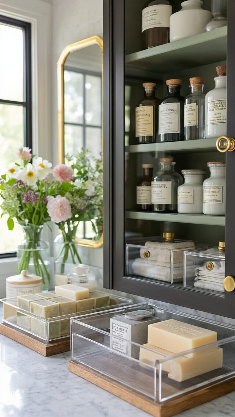 Modern-vintage glass-front cabinet with brass hardware displaying apothecary bottles and ceramics, marble countertop with lucite organizers, antique mirror backsplash, fresh flowers, and handmade soaps.