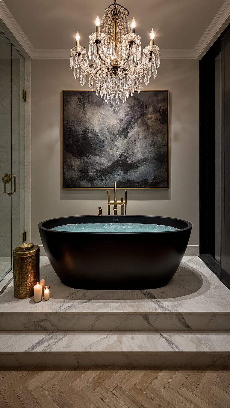 Luxurious master bathroom at night with matte black oval tub, vintage crystal chandelier, brass fixtures, herringbone marble floor, and moody abstract art.