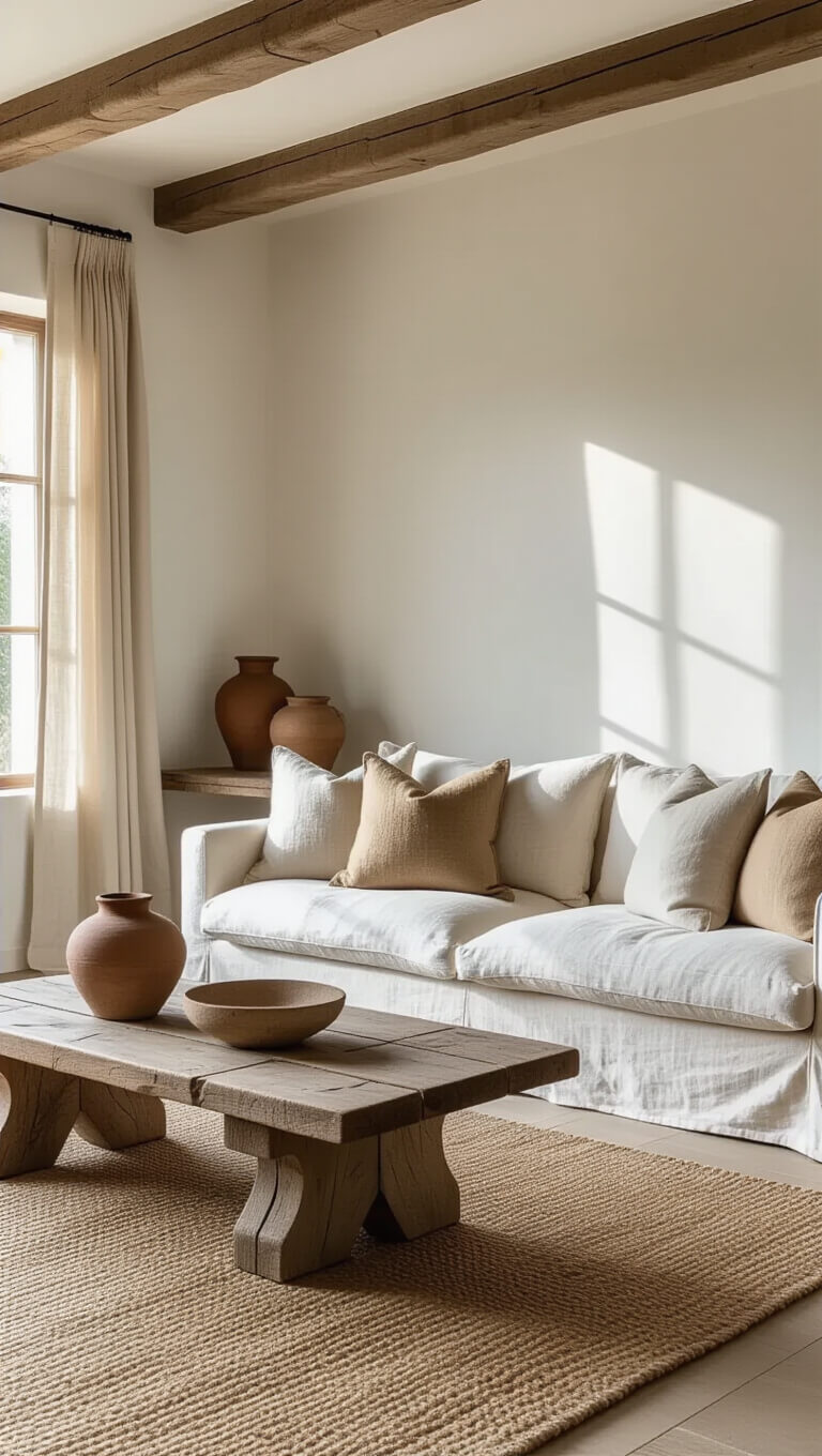 Sunlit living room with ivory linen sofa, gnarled oak coffee table, jute rug, and ceramic vessels, bathed in golden hour light through linen curtains.