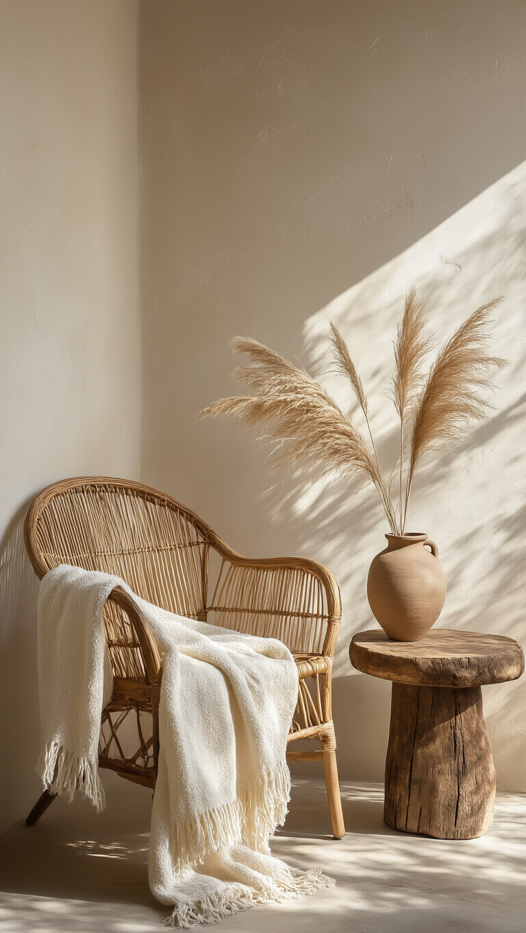 Vintage rattan chair and oak side table in sunlit corner with pampas grass and wool throw, showcasing natural textures in minimalist setting.