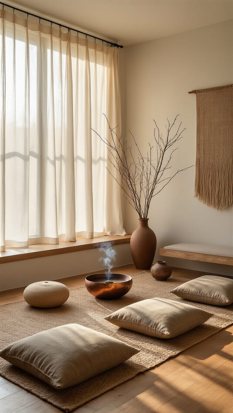 Wide-angle view of serene meditation alcove at dawn with earth-toned cushions, sheer curtains, natural textures, and warm morning light filtering through floor-to-ceiling windows.