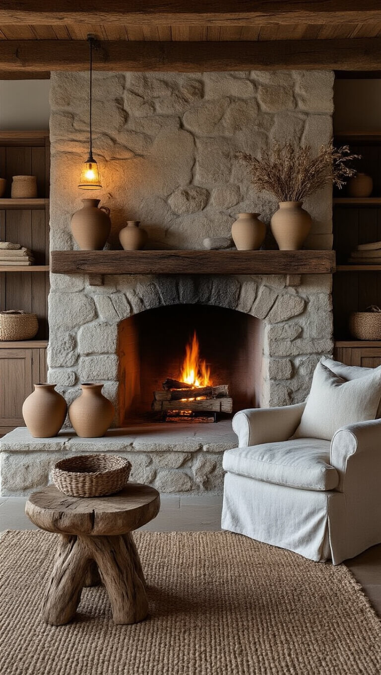 Cozy fireplace at dusk with weathered stone hearth, oak shelves, vintage armchair, handmade ceramics, and warm ambient lighting.