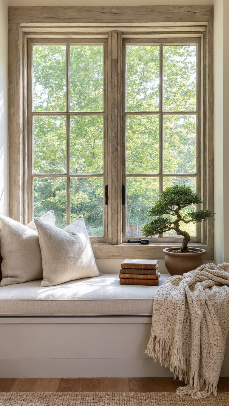 Cozy window seat nook with linen cushion, vintage books, handwoven throw, and bonsai in ceramic planter, bathed in textured afternoon light.