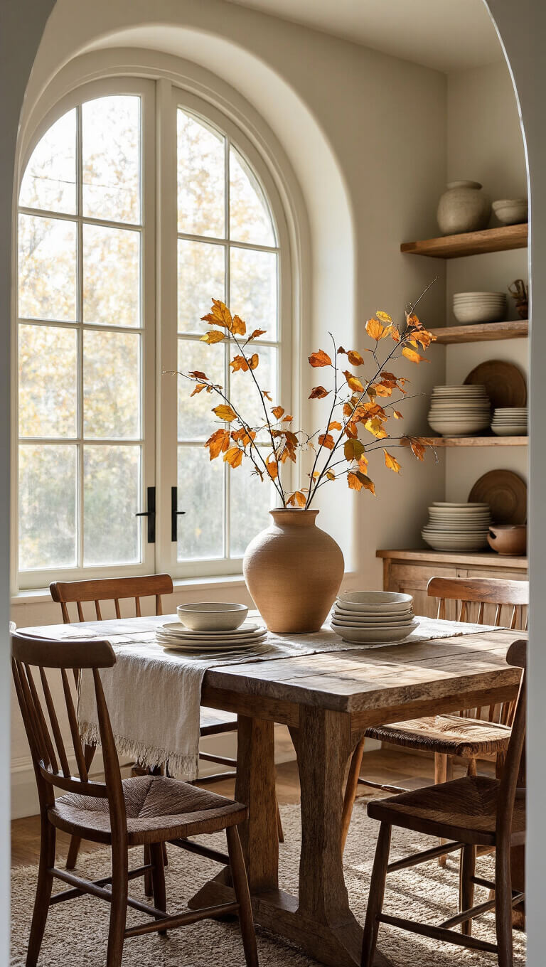 Morning-lit dining room with reclaimed wood table, mismatched vintage chairs, stacked ceramic dinnerware, and autumn branch in large earthenware vase.
