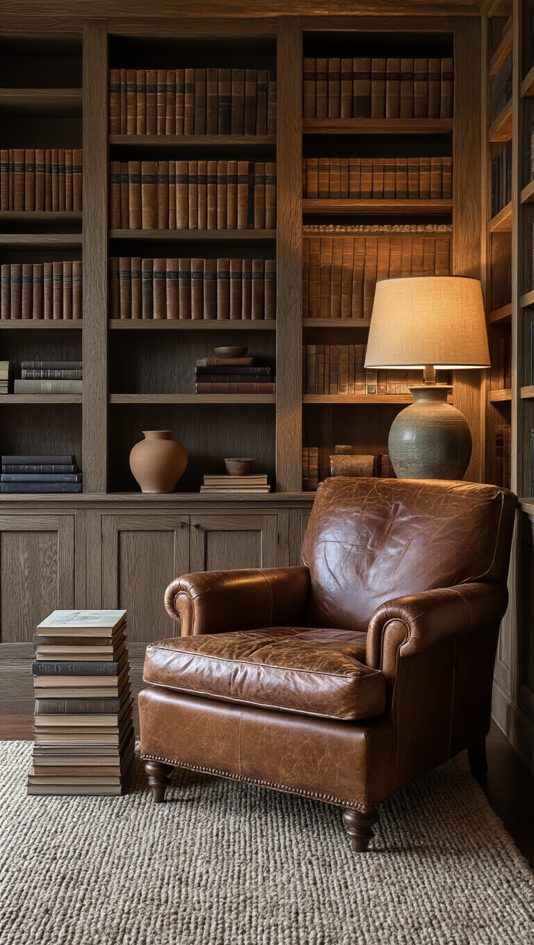 Cozy library corner at twilight with weathered oak bookshelves, worn leather armchair, hand-knotted rug, ceramic lamp, aged art books, and handmade pottery, viewed from seated height.