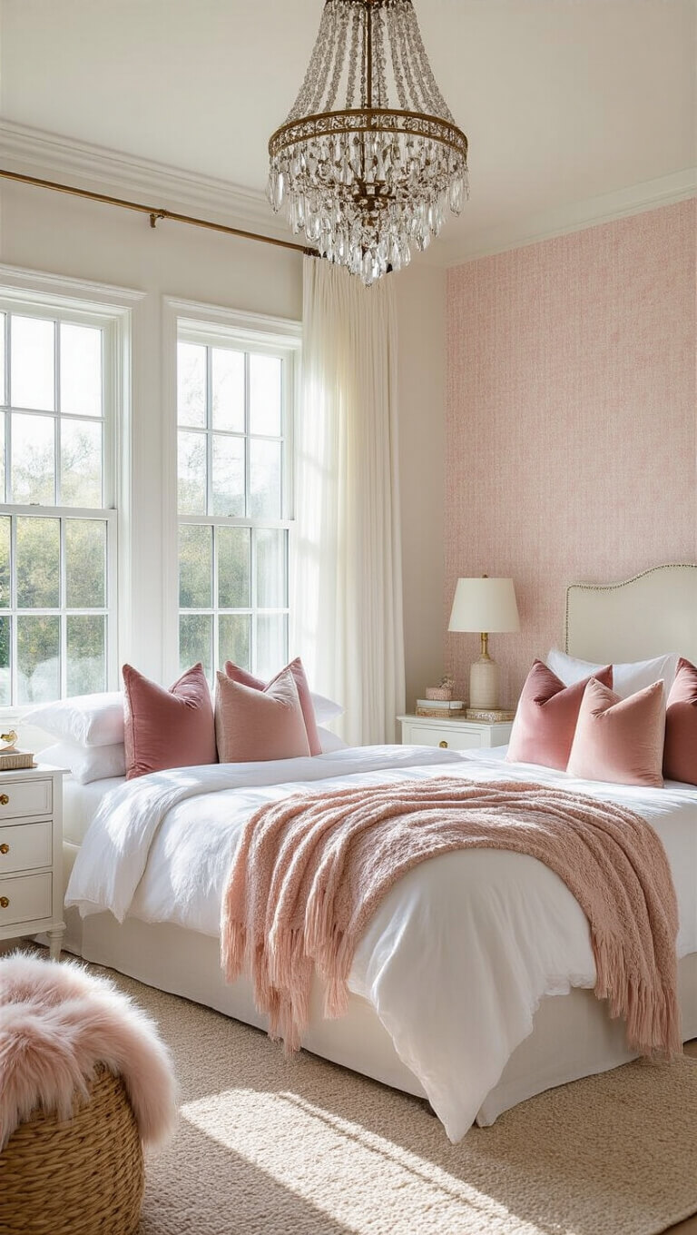 Sunlit modern romantic bedroom with king bed, blush accents, vintage chandelier, and bay windows with sheer curtains.