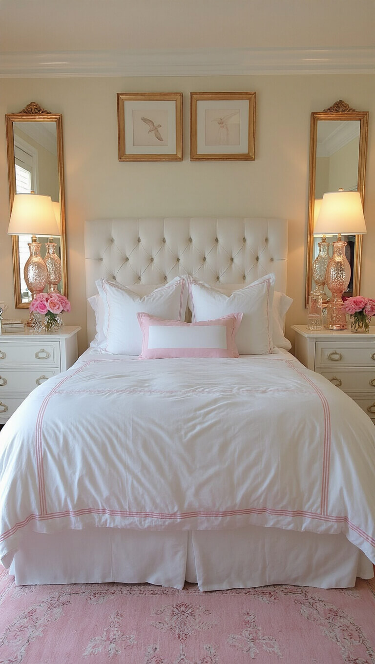 Cozy bedroom with tufted white bed, pink-accented bedding, warm lamplight, rose gold mirrors, pink rug, and white dresser with peonies and crystal bottles.