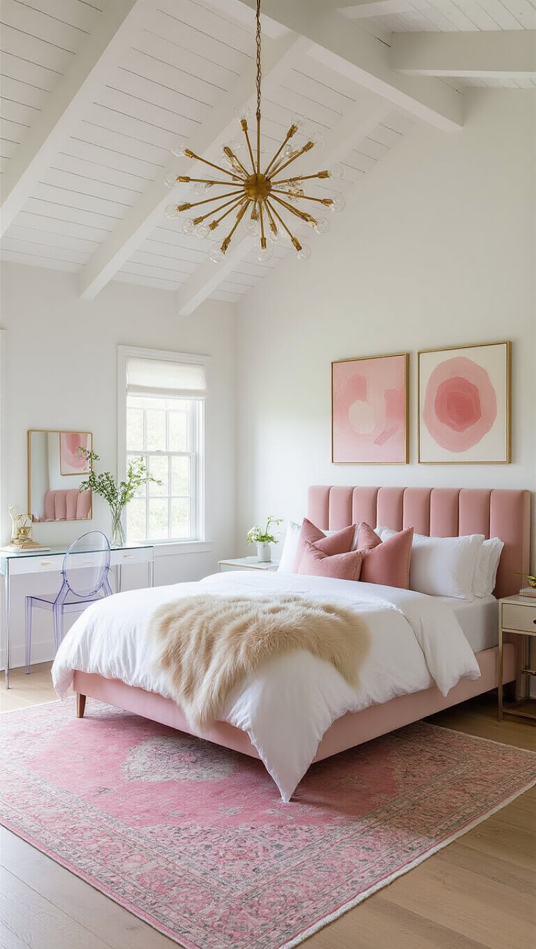 Bright corner bedroom with vaulted ceilings, blush pink velvet bed, abstract pink and gold art, lucite vanity, vintage pink rug, and modern sputnik chandelier photographed during golden hour.