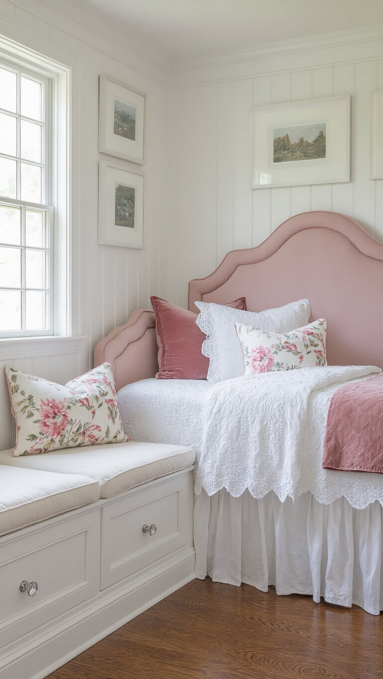 Cozy 10x12ft bedroom with scalloped pink headboard, white eyelet bedding, and built-in window seat with pink accents, bathed in mid-afternoon light.