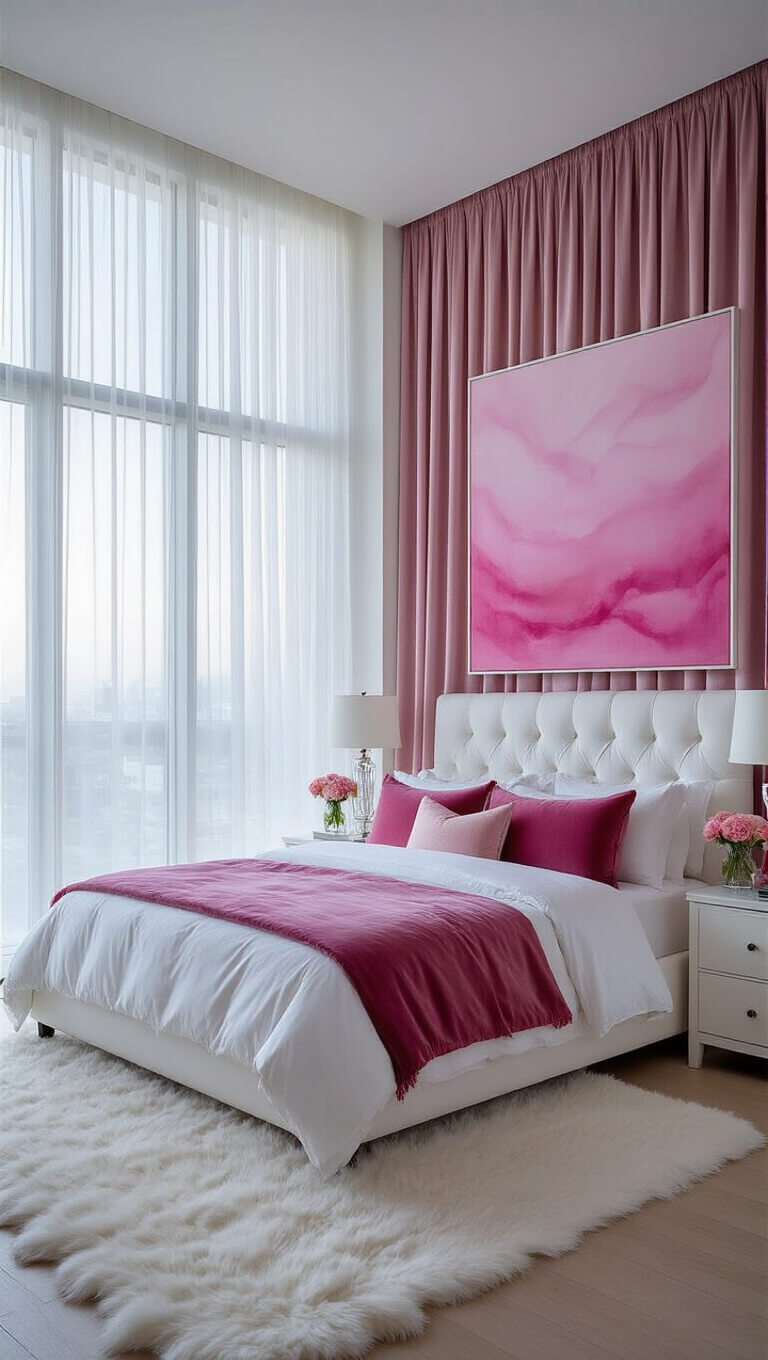 Primary bedroom at twilight with floor-to-ceiling windows, California king bed with white and pink bedding, white nightstands, pink artwork, and fur rug on hardwood floor.