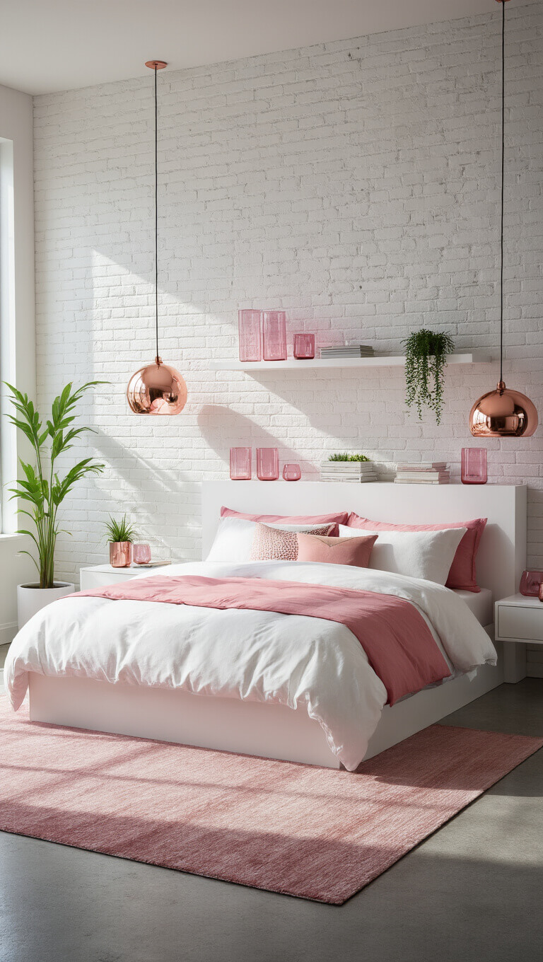 Contemporary 12x15ft bedroom with white brick accent wall, platform bed, pink-accented bedding, rose gold pendant lights, pink decor, and polished concrete floors with plush pink rug.