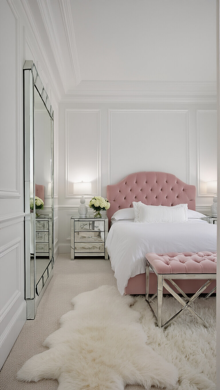 Luxurious small bedroom with white panel molding, pink velvet headboard, mirrored nightstands, and soft lighting.
