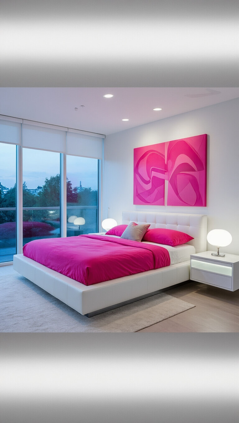 Modern 15x17ft bedroom at dusk with floor-to-ceiling windows, platform bed with pink bedding, floating nightstands, pink abstract art, and Lucite console, all lit by dramatic side lighting.