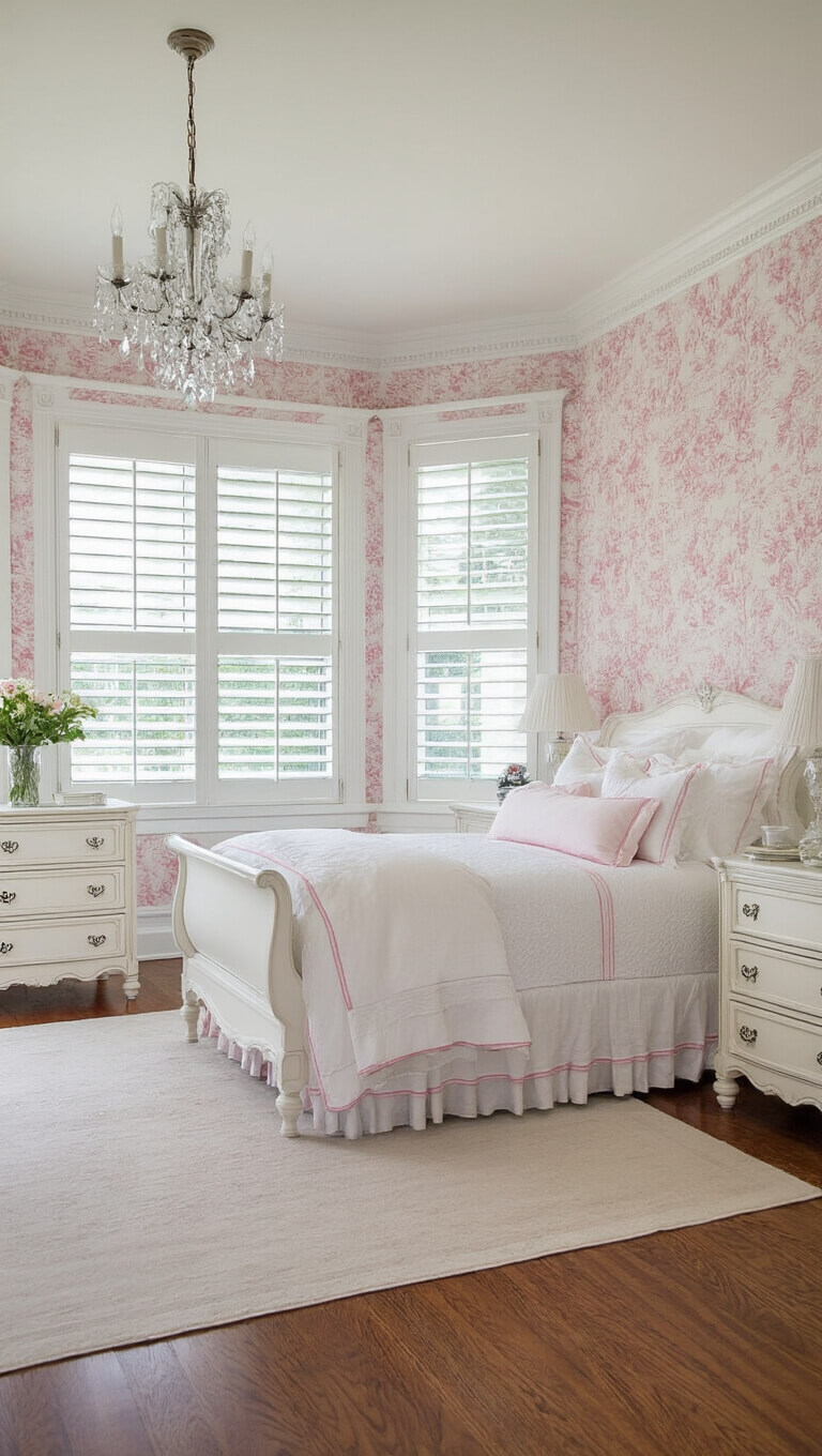 Romantic bedroom with upholstered sleigh bed, pink toile wallpaper, crown molding, crystal chandelier, and filtered morning light through white shutters.