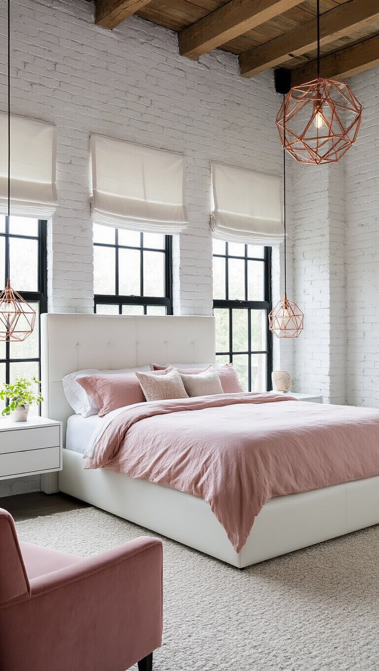 Industrial-chic 16x14ft bedroom with white-painted brick walls, black steel windows, blush pink bedding, rose gold pendant lights, and pink velvet chair in reading nook.