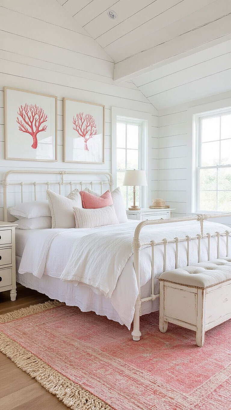 Bright coastal-style bedroom with white shiplap walls, pitched ceiling, iron bed in white linen and pale pink, distressed white furniture, coral prints, and layered jute and pink rugs.