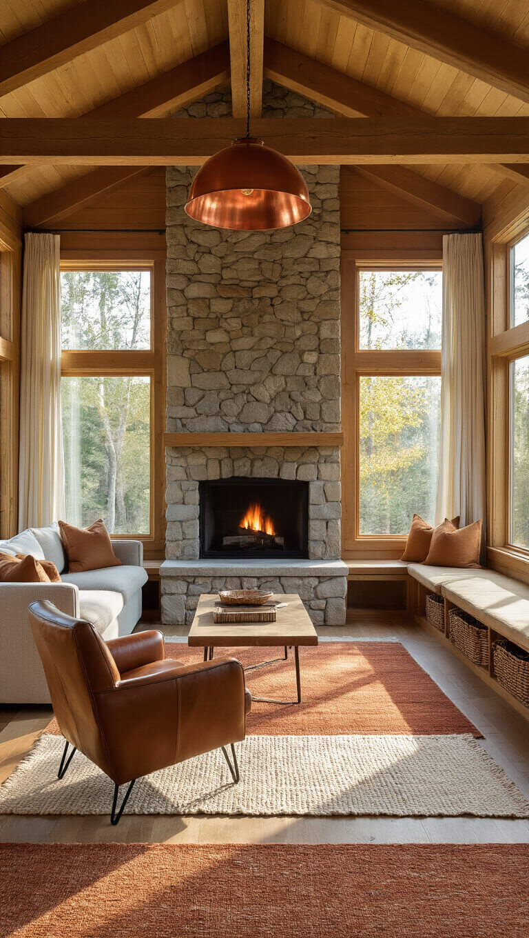 Cozy 12x14ft cabin living room at golden hour with stone fireplace, timber beams, linen sectional, vintage leather chair, layered wool rugs, copper pendant light, and forest views through curtained west-facing windows.