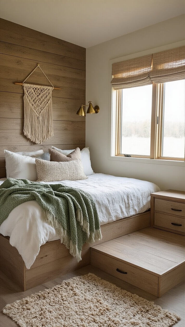Cozy cabin bedroom nook with built-in platform bed, white linens, sage green throws, brass sconces, and rustic decor bathed in soft dawn light.