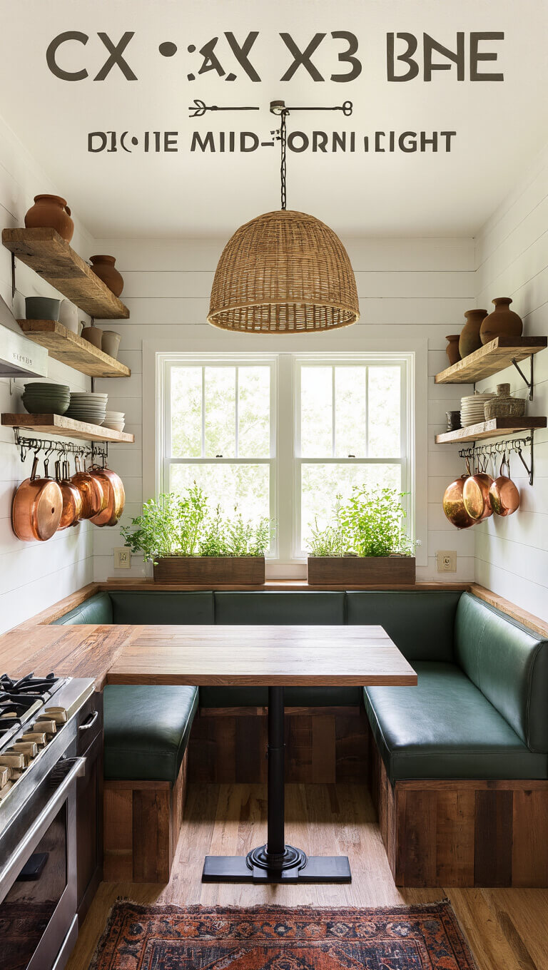 Compact U-shaped cabin kitchenette with reclaimed wood counters, open shelves of pottery, hanging copper pots, green leather banquette, fold-down walnut table, woven pendant light, vintage rug, and herb-filled windowsill.
