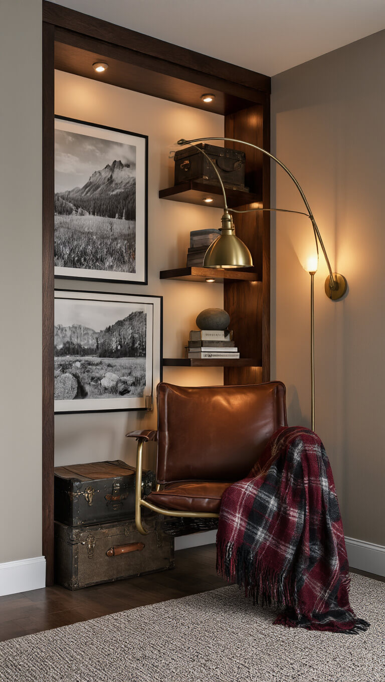 Cozy reading nook with dark walnut shelves, vintage leather chair, brass lamp, plaid wool throw, and moody dusk lighting.