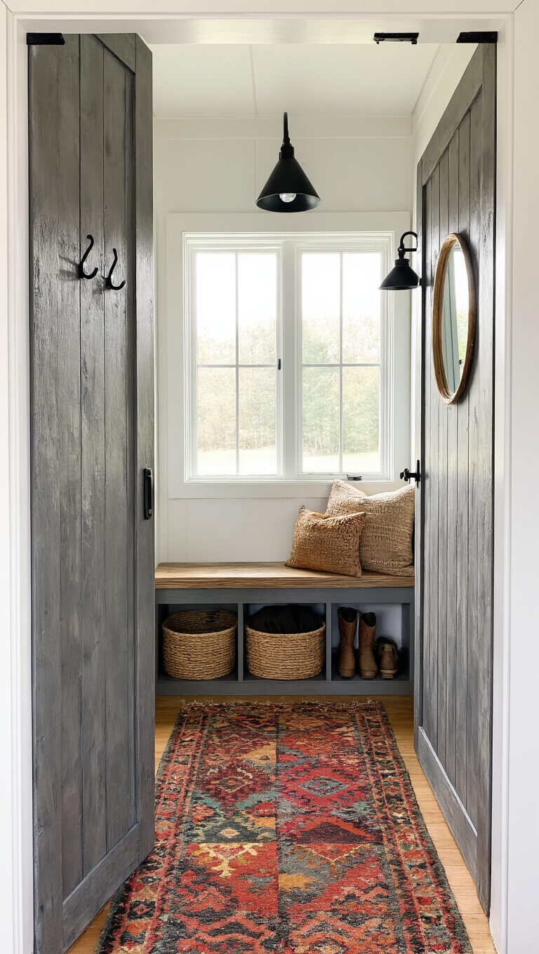Tiny cabin entryway with weathered grey sliding barn door, built-in bench with coat hooks and boot storage, round mirror reflecting afternoon light, woven baskets, vintage jewel-toned kilim runner, and black industrial sconce.