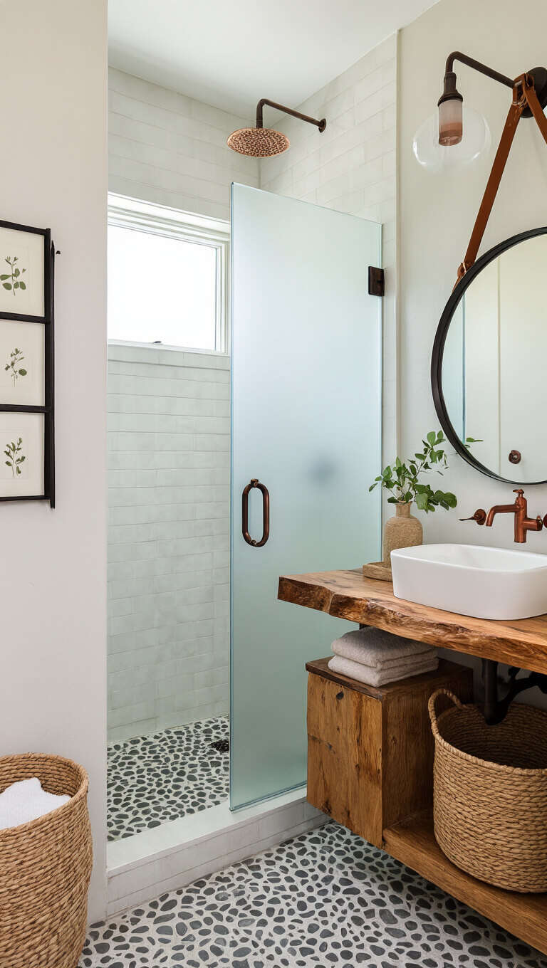 Small cabin bathroom with corner frosted glass shower, live-edge wood vanity and vessel sink, matte black ladder towel rack, round mirror with leather strap, copper wall-mounted faucet, botanical prints, and woven hamper in cool morning light.