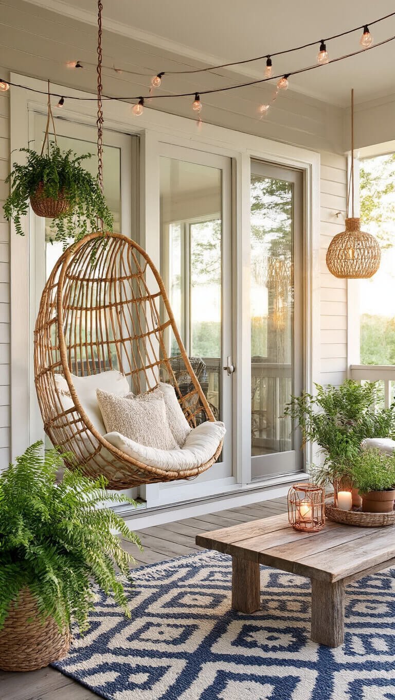 Summer cabin porch with hanging chair, potted plants, and warm lighting, viewed through open sliding doors showing indoor-outdoor flow.