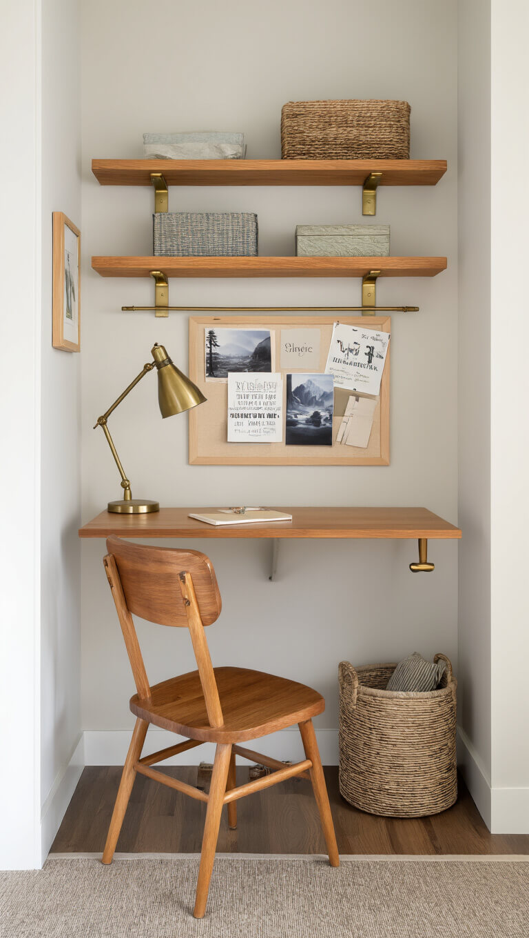 Compact cabin workspace nook with fold-down oak desk, vintage chair, brass-accented shelves, mood board, and task lamp, shot straight-on in natural daylight.