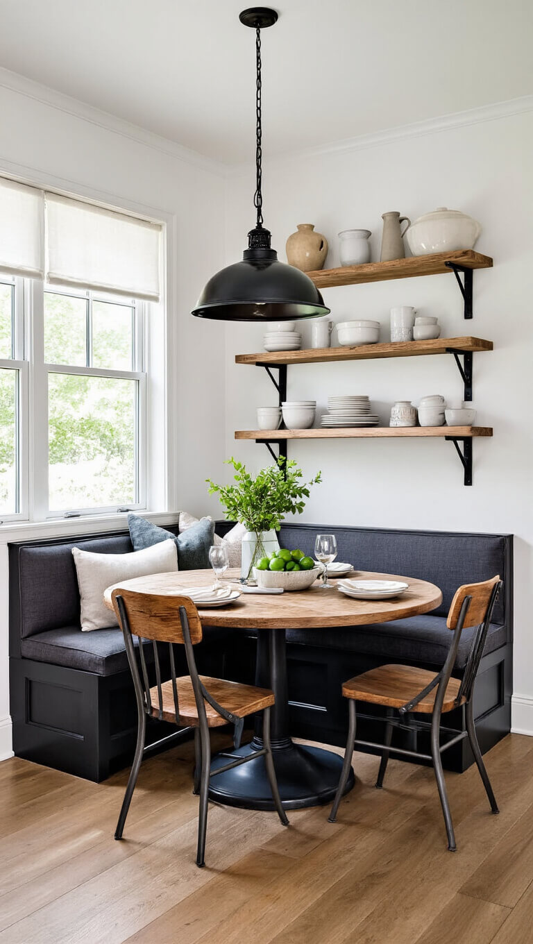 Cozy dining area with charcoal linen banquette, reclaimed wood pedestal table, vintage chairs, industrial pendant light, and open shelving with ceramics.