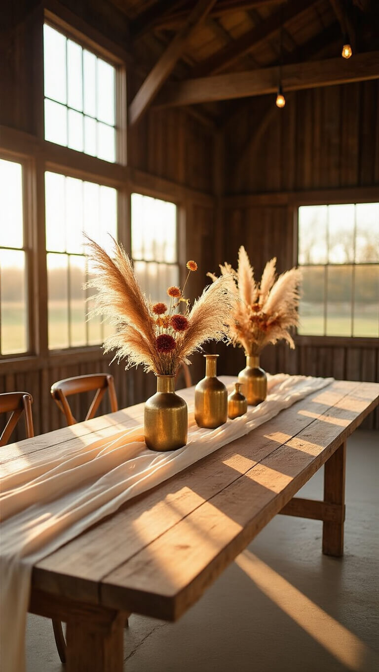 Rustic barn interior bathed in golden hour light with a long harvest table, cream table runner, and vintage brass vases holding dried florals and pampas grass.