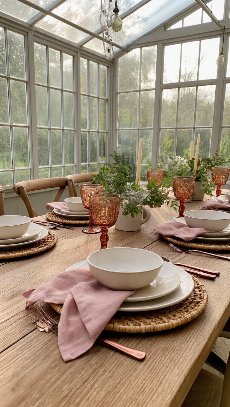 Farmhouse table in greenhouse with rattan place settings, copper flatware, and amber goblets in morning light.