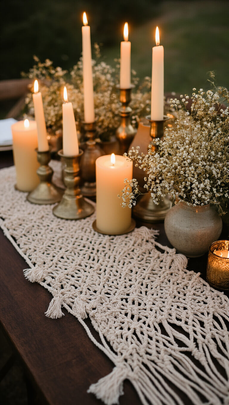 Bohemian wedding tablescape at dusk with beeswax candles, macramé runner, brass candlesticks, and dried florals on dark walnut table.