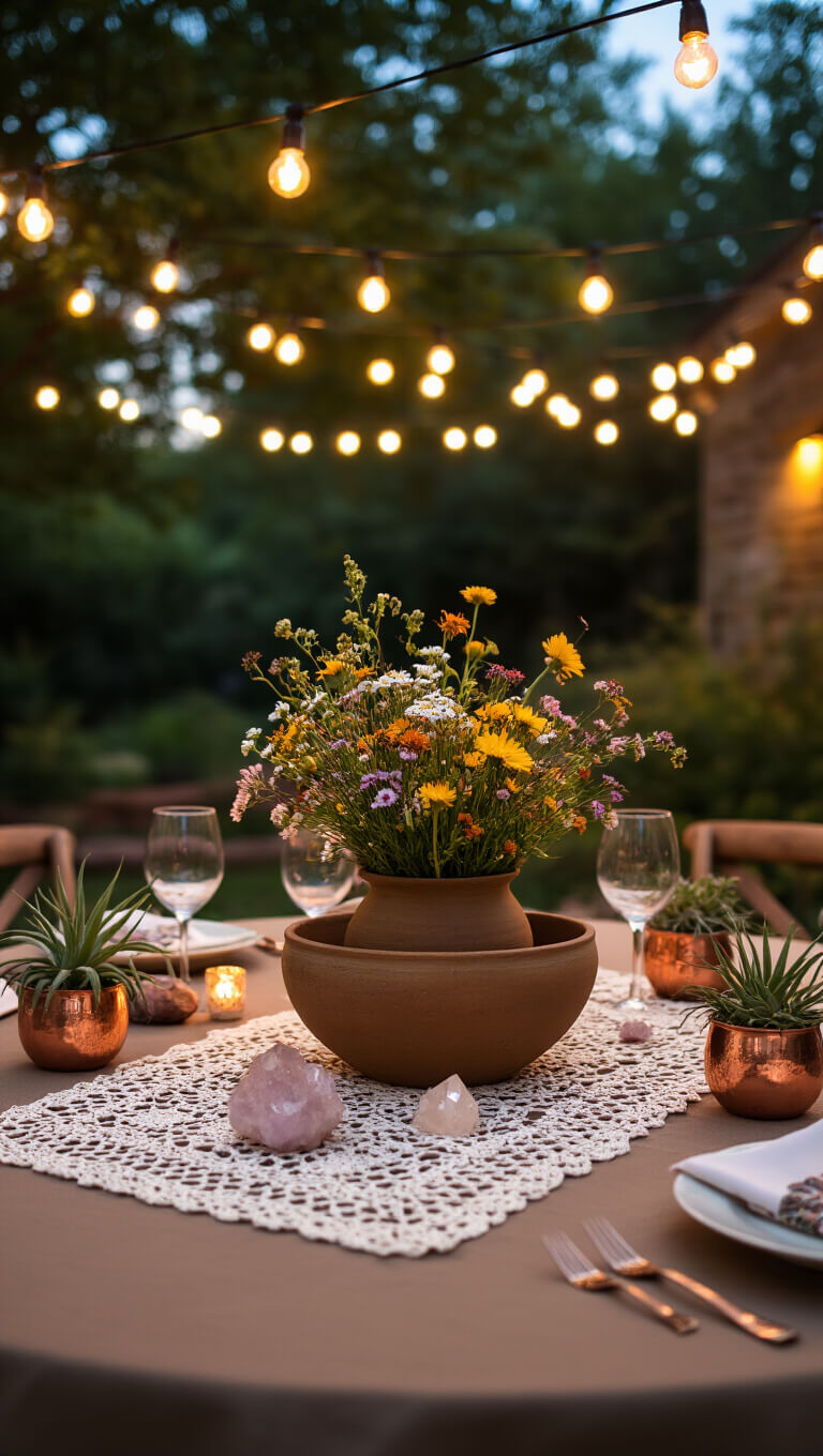 Twilight outdoor dining scene with string lights, round table in tobacco linen and crochet runner, wildflower centerpiece, crystals, and air plants in copper dishes.