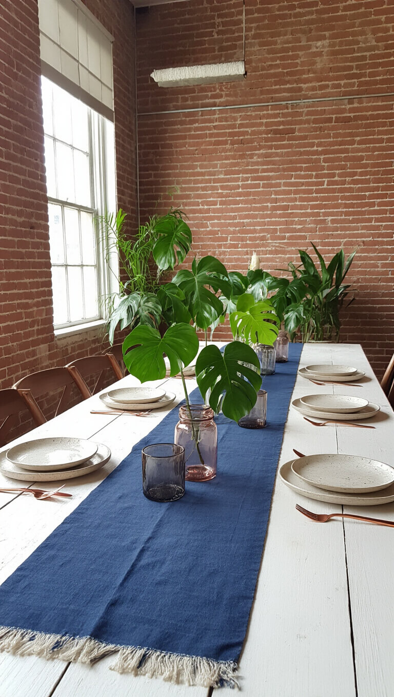 Modern industrial loft dining area with exposed brick walls, featuring a long white-washed wooden table with an indigo-dyed fabric runner, monstera leaf arrangements in smokey glass vases, rose gold cutlery, and speckled cream ceramic plates.