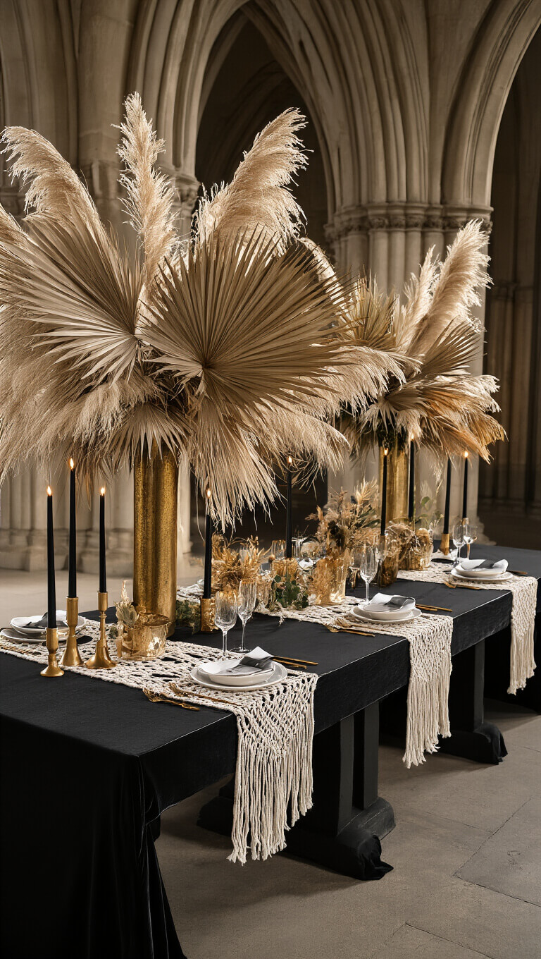 Dramatic evening reception table in a chapel with black farm table, macramé and velvet runners, tall gold vases of pampas grass and palm fronds, and black taper candles under cinematic lighting.
