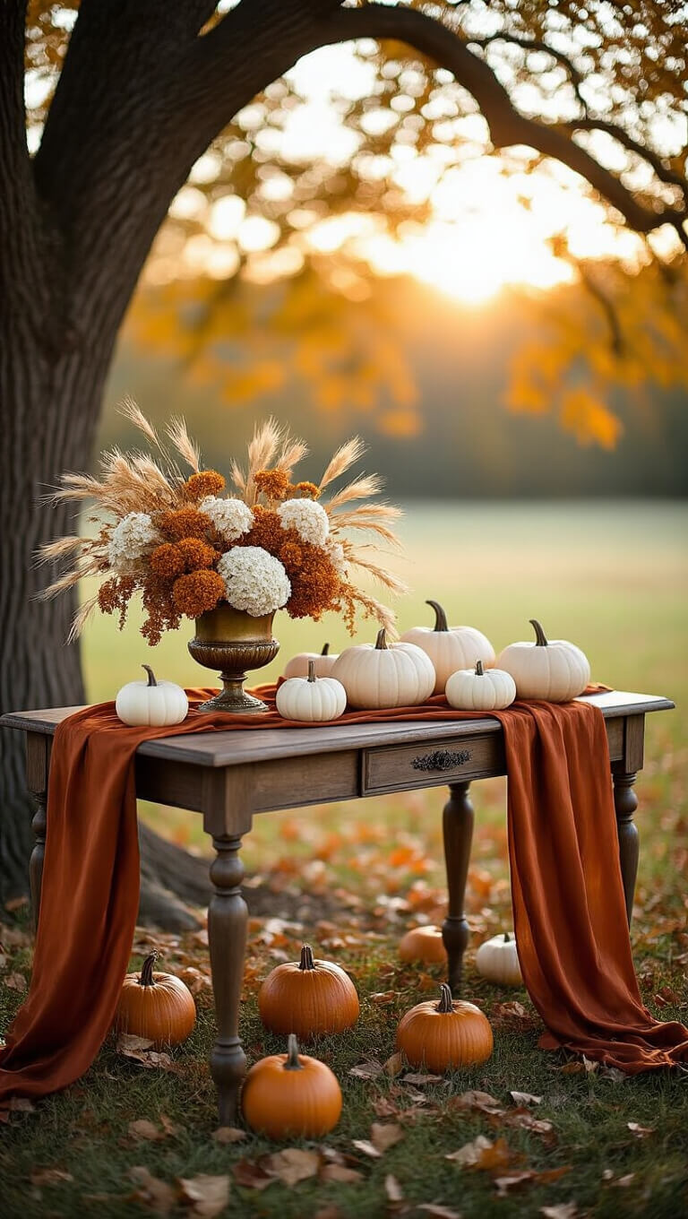 Autumn sweetheart table under oak tree with rust silk runner, white mini pumpkins, and dried florals in brass compote, backlit in late afternoon light.
