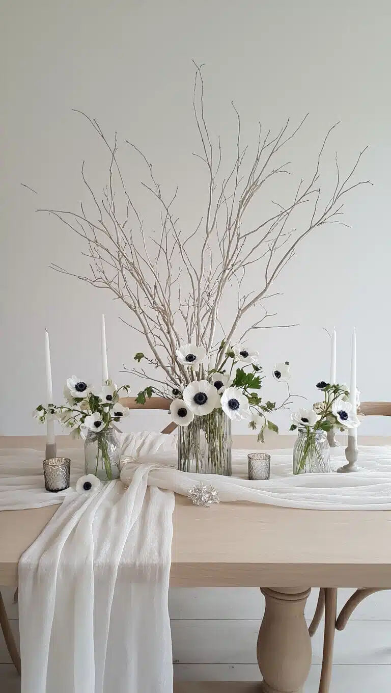 Minimalist winter solstice table with pale oak, white gauzy runners, frosted glass vases of white anemones, bleached branches, crystal clusters, and mercury glass votives in bright lighting.