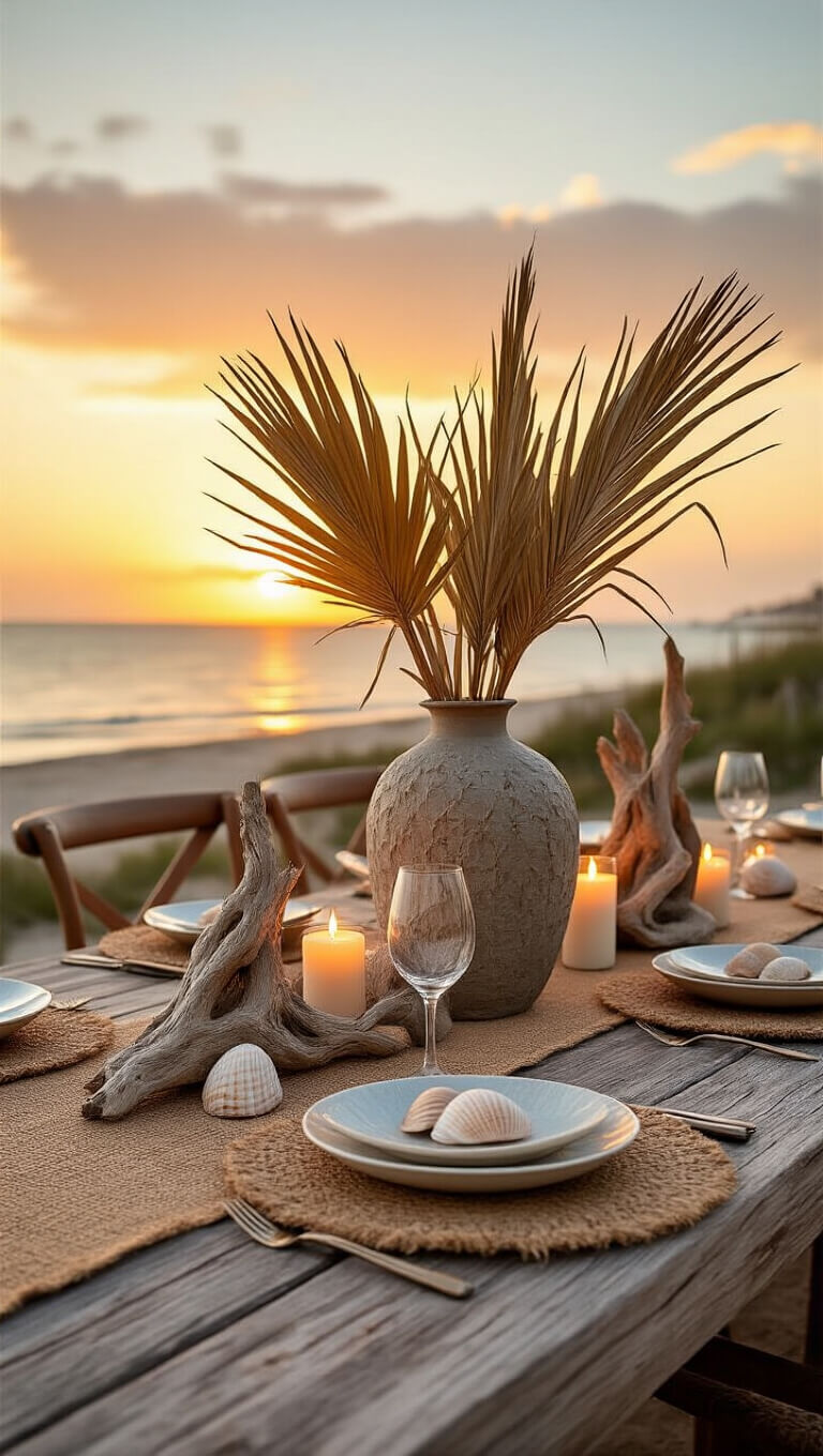 Bohemian coastal dining table at sunset with driftwood centerpiece, sea glass, and shell placemats on a teak table.