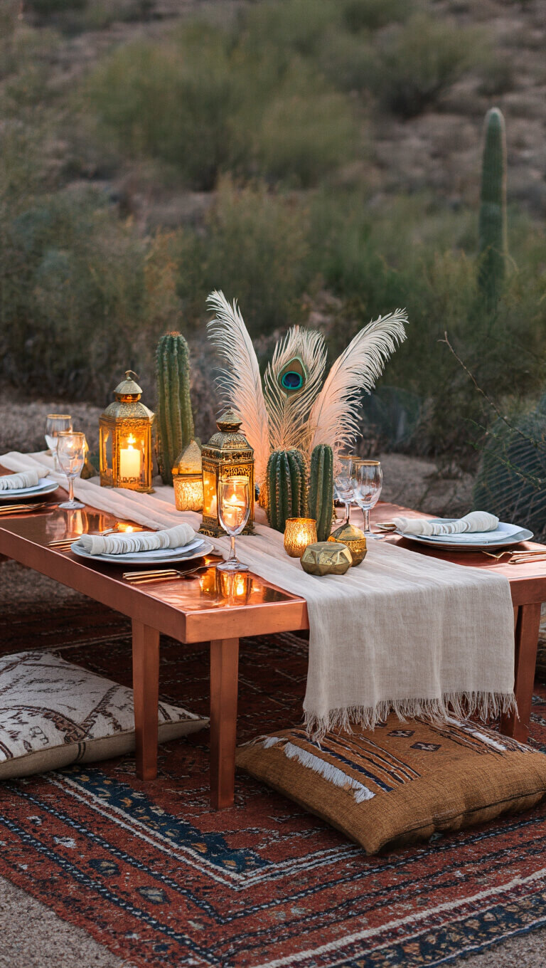 Intimate desert-themed dinner with low copper table, kilim rug seating, sand-toned runner, brass lanterns, cacti, and feathers, lit warmly at blue hour.