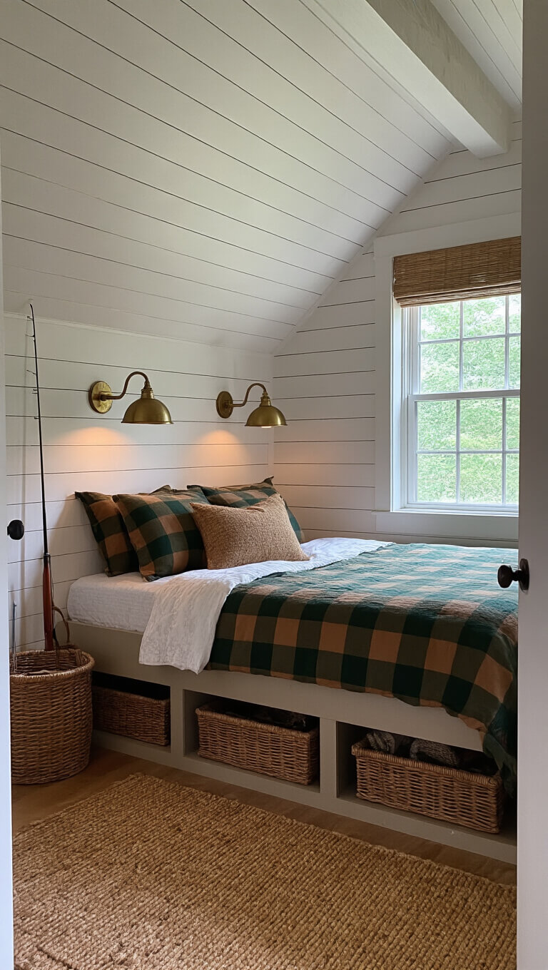 Cozy sleeping nook with flannel bedding, brass sconces on shiplap walls, under-bed fishing rod storage, and vintage fishing creels, photographed during blue hour with soft focus on textures.