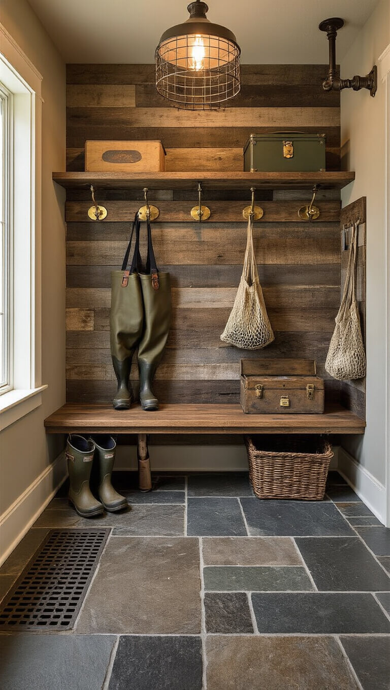 High-angle view of 8x10ft mudroom with slate flooring, reclaimed barn wood wall, brass hooks holding waders, mesh drying bags, and vintage tackle box shelf, lit by industrial cage lighting.