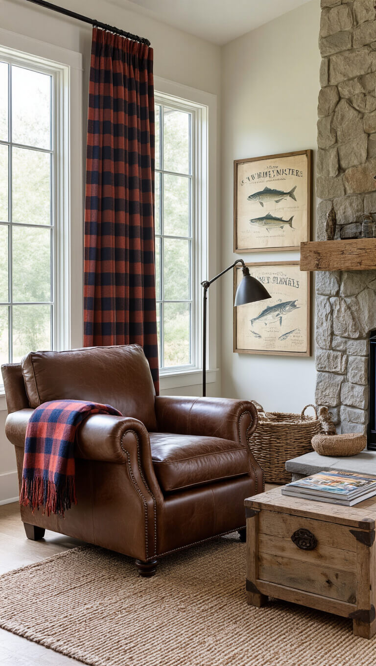Cozy corner seating with distressed leather club chair, plaid wool throw, wooden ottoman holding vintage fishing magazines, and antique fishing maps on wall, lit by natural afternoon light.