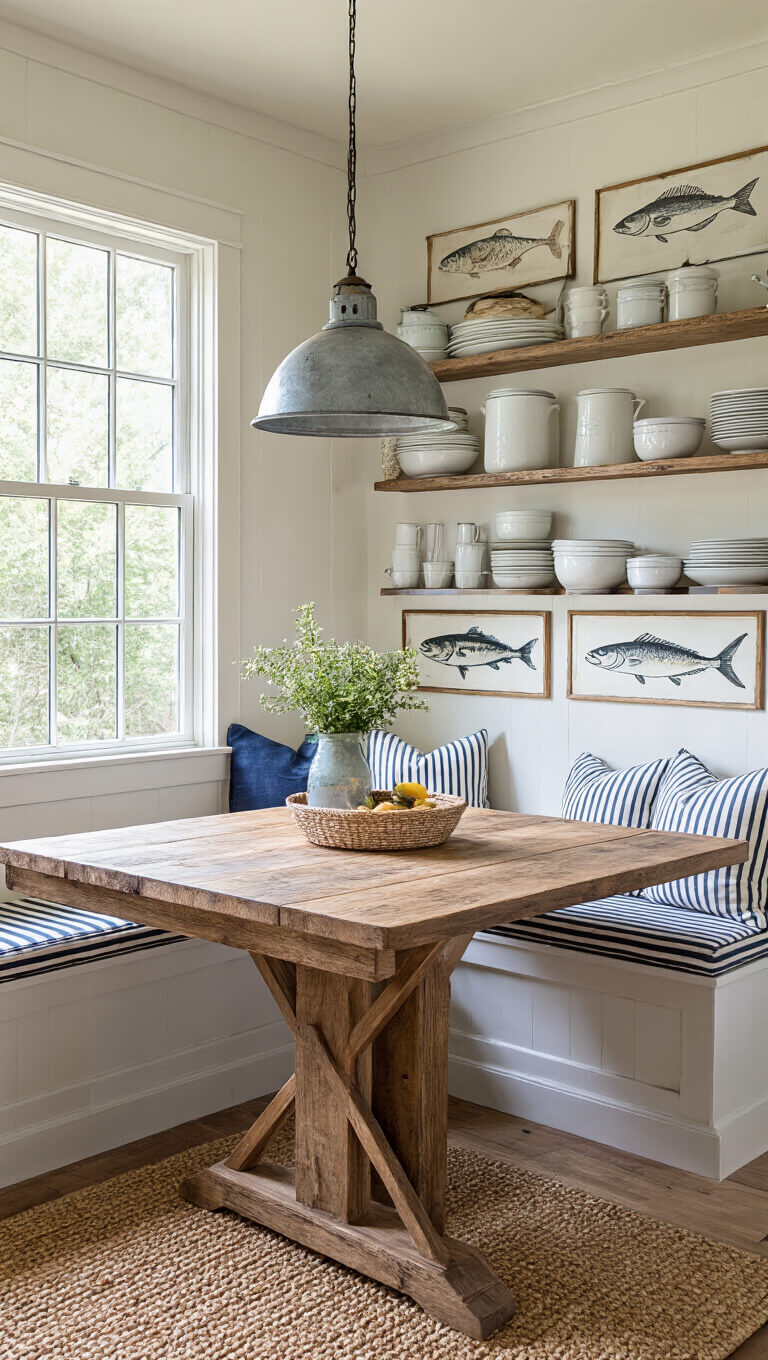 Overhead view of cozy kitchen nook with reclaimed wood table, vintage enamelware on shelves, striped bench cushions, and fish illustrations on walls.