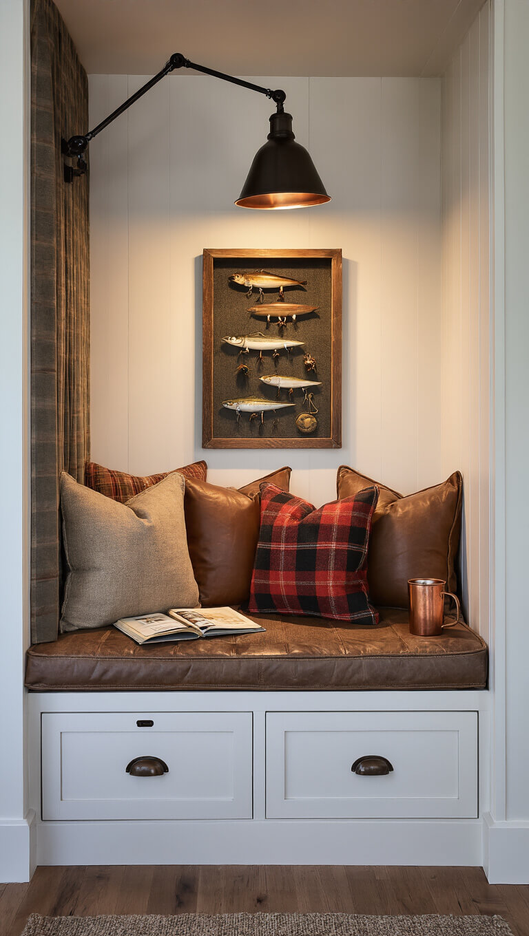 Cozy reading nook at dusk with earth-tone cushions, built-in window seat, vintage fishing display, and industrial wall lamp.